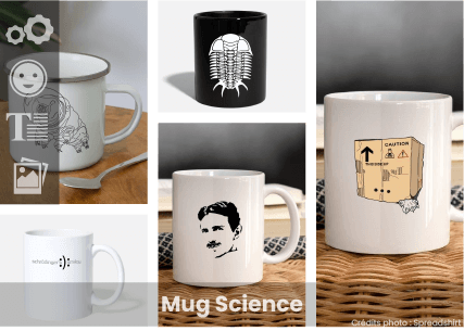 Mug science personnalisé, à imprimer en ligne. Mug Tesla, Schrödinger, tardigrade. Créer votre mug science rigolo.