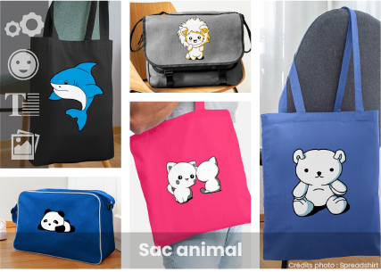 Personnaliser un sac animal original, sac bandoulière, sac de courses, cabas ou tote bag avec un dessin d'animal ou photo perso.
