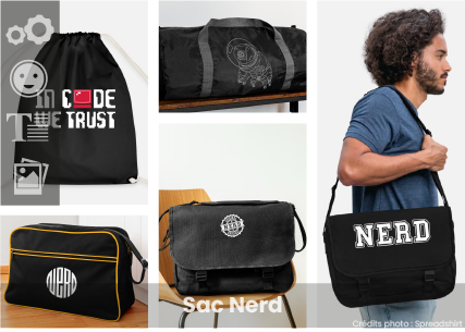 Sac nerd à créer, bibliothèque de motifs et large catalogue de sacs à mettre en forme avec Spreadshirt.