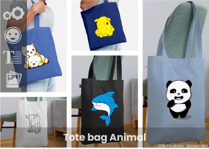 Tote bag animal à personnaliser en ligne : imprimez votre tote requin, votre sac de courses hibou ou un tote bag personnalisé avec votre chat ou votre chien.