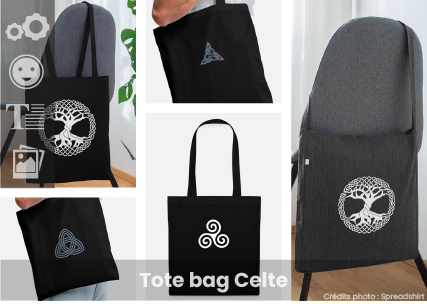 Votre tote bag celte personnalisé et imprimé en ligne, boutique Spreadshirt, motifs celtes et bretons originaux, nœuds celtiques et designs Breizh à customiser.