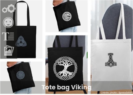 Personnalisez votre tote bag viking avec un motif élégant, nœud viking, loup Fenrir, marteau de Thor, à vos crayons et concevez un tote original.